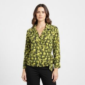 4/$40 K.A.T.E Geometric Patterned Green and Black‎ Wrap Blouse